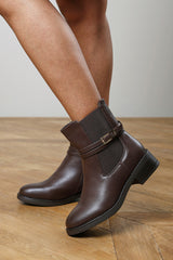 Haxine Brown Chelsea Flat Ankle Boot With Gold Buckle Detail