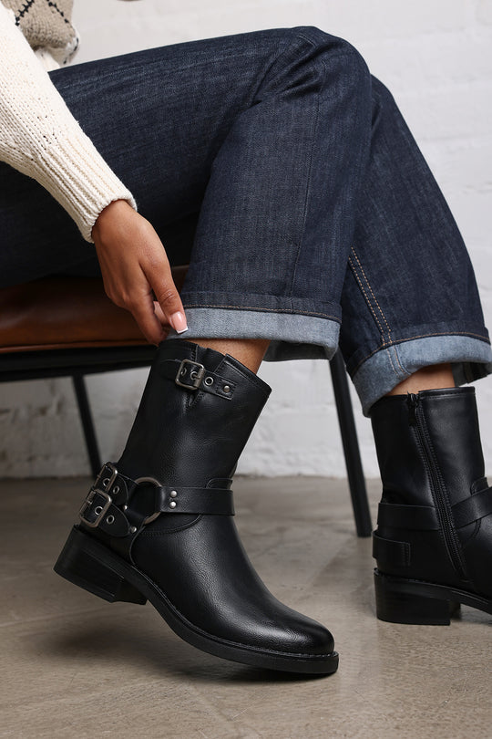 Windy Black Mid Calf Biker Boots with Double Buckle Strap Detail