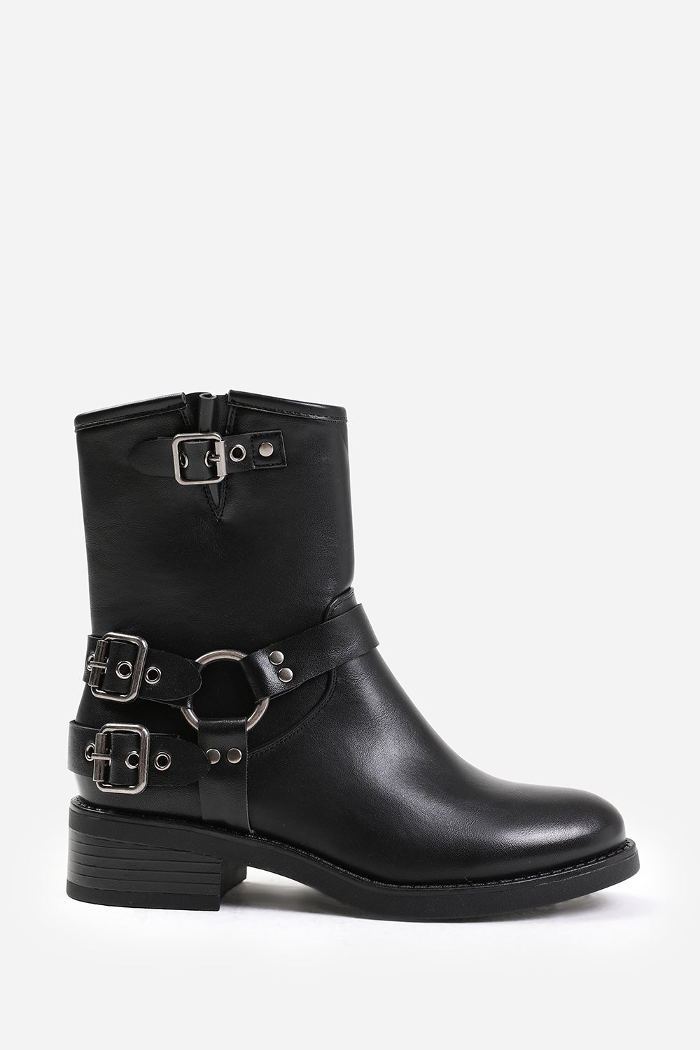 Windy Black Mid Calf Biker Boots with Double Buckle Strap Detail