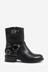 Windy Black Mid Calf Biker Boots with Double Buckle Strap Detail