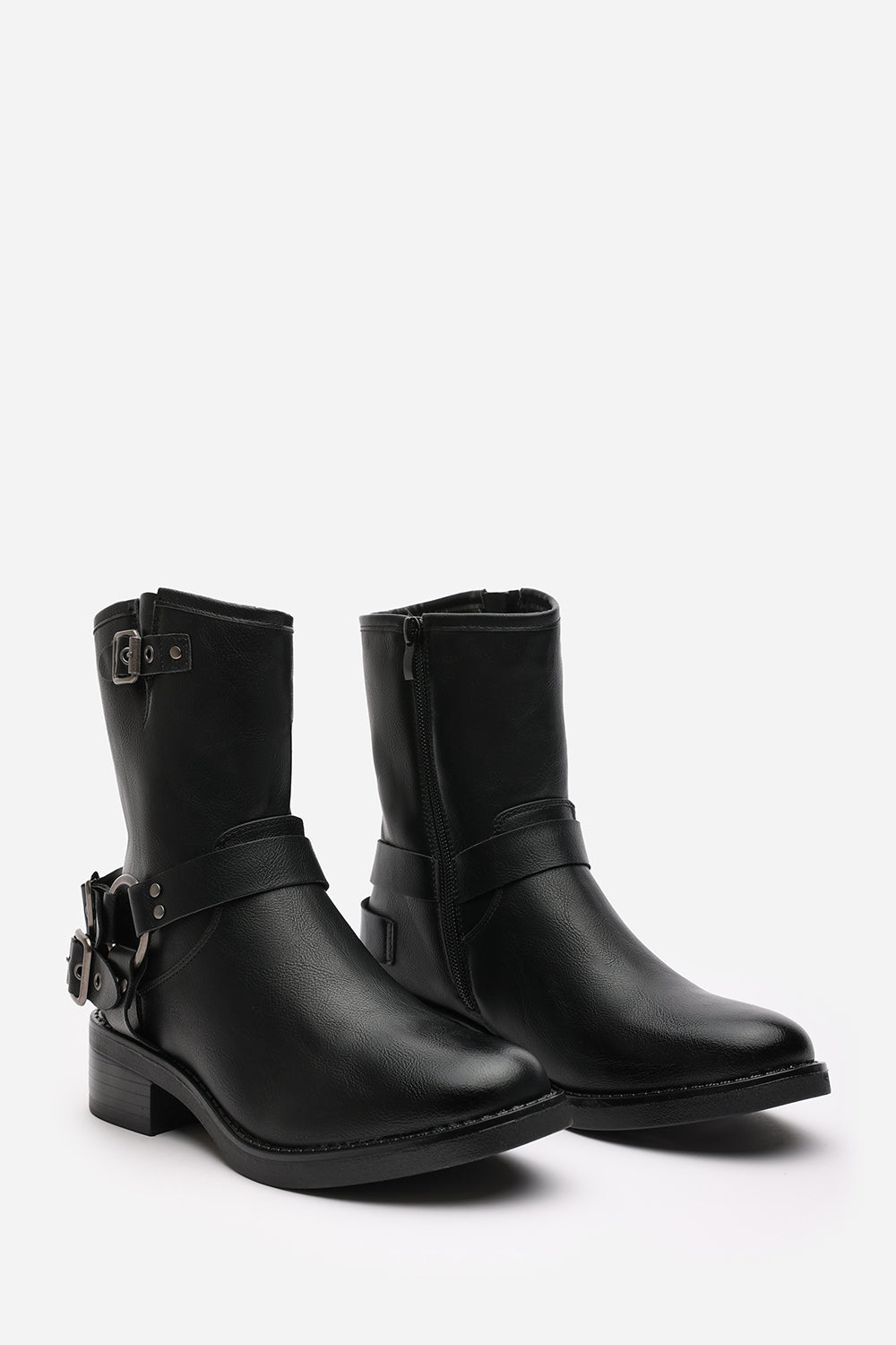 Windy Black Mid Calf Biker Boots with Double Buckle Strap Detail