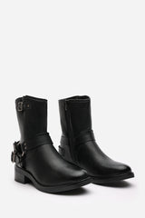 Windy Black Mid Calf Biker Boots with Double Buckle Strap Detail
