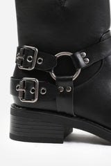 Windy Black Mid Calf Biker Boots with Double Buckle Strap Detail