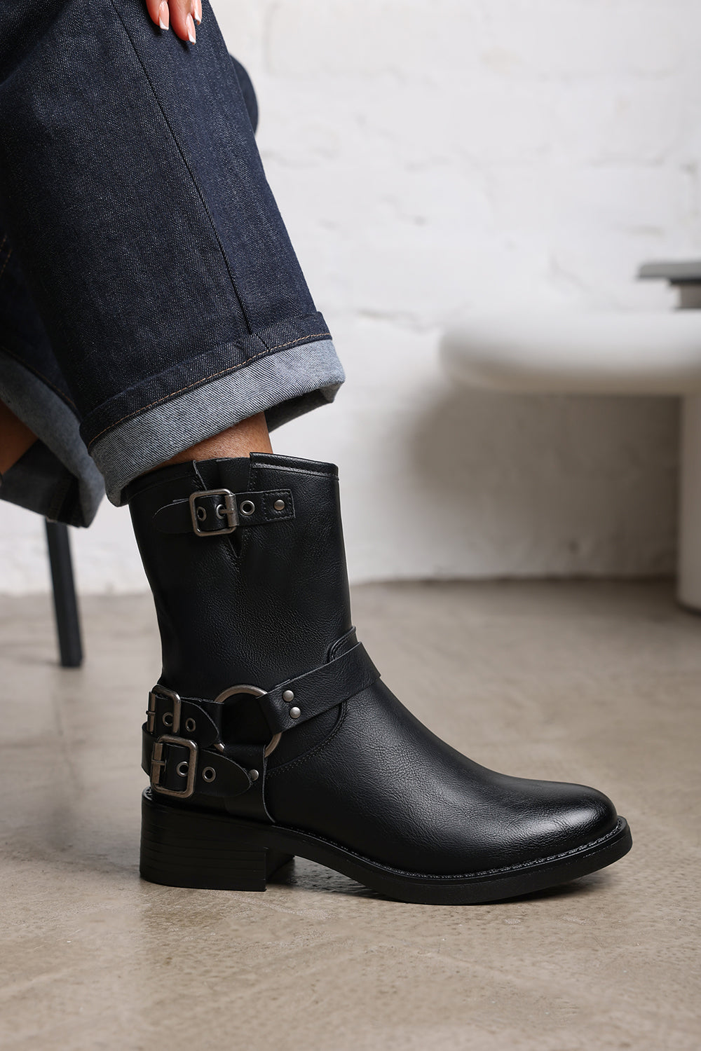 Windy Black Mid Calf Biker Boots with Double Buckle Strap Detail