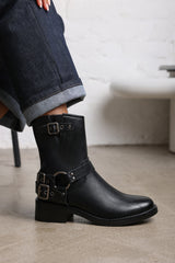 Windy Black Mid Calf Biker Boots with Double Buckle Strap Detail