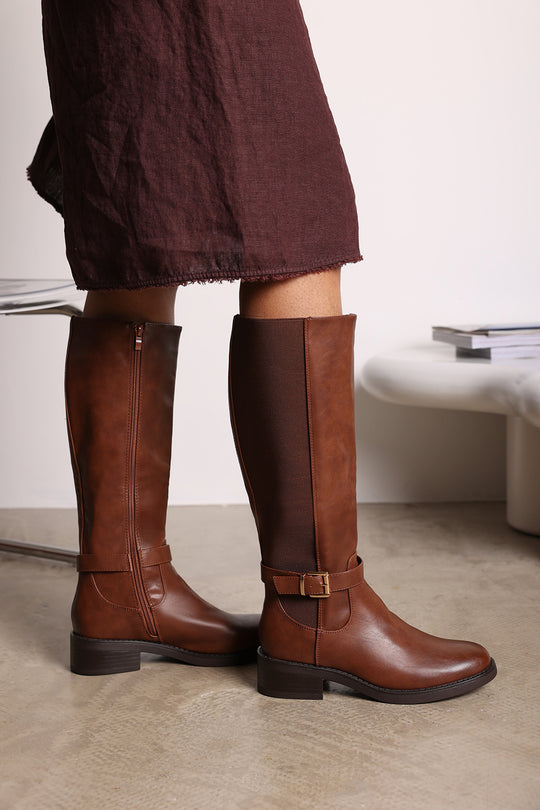 Miriam Brown Faux Leather Knee High Riding Boots With Side Buckle Strap