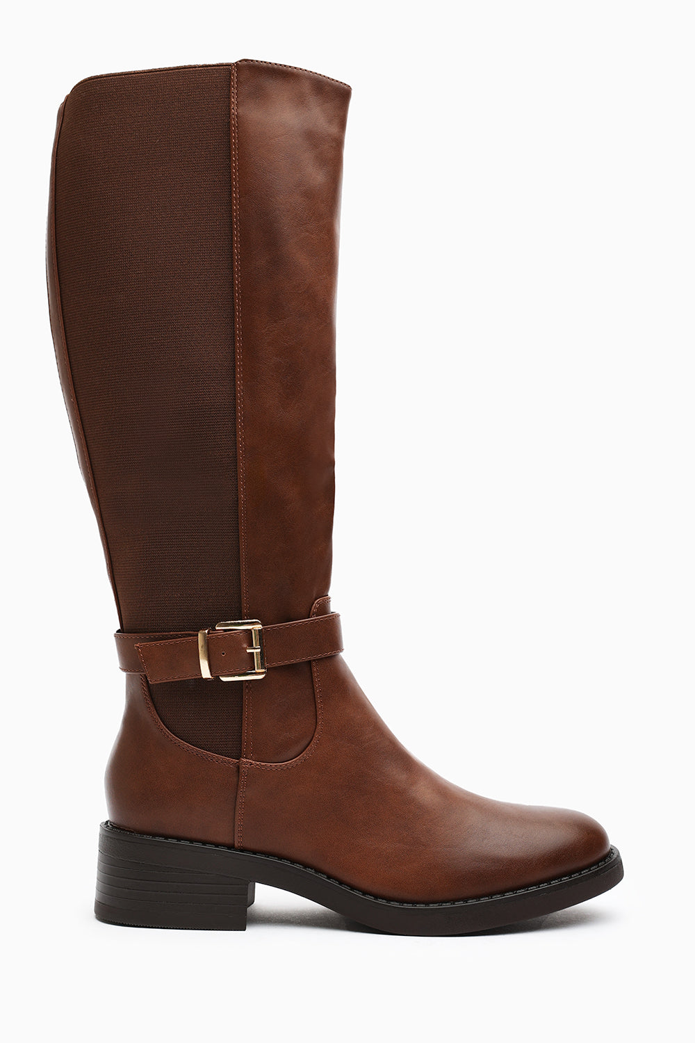 Miriam Wide Fit Brown Faux Leather Knee High Riding Boots With Side Buckle Strap