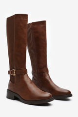 Miriam Wide Fit Brown Faux Leather Knee High Riding Boots With Side Buckle Strap