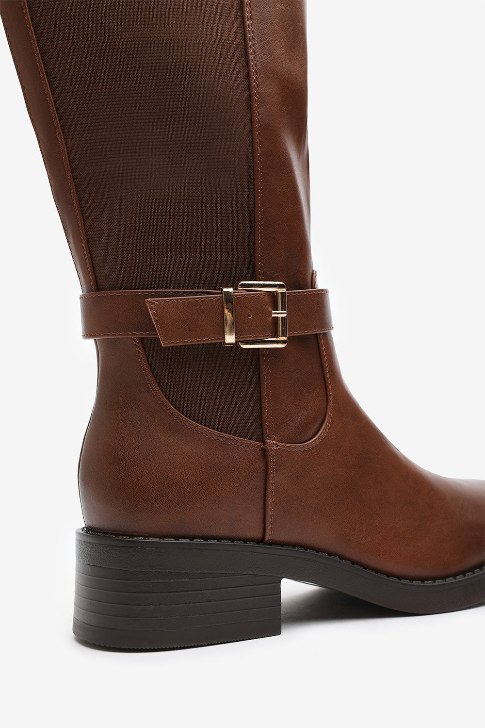 Miriam Wide Fit Brown Faux Leather Knee High Riding Boots With Side Buckle Strap