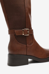 Miriam Wide Fit Brown Faux Leather Knee High Riding Boots With Side Buckle Strap