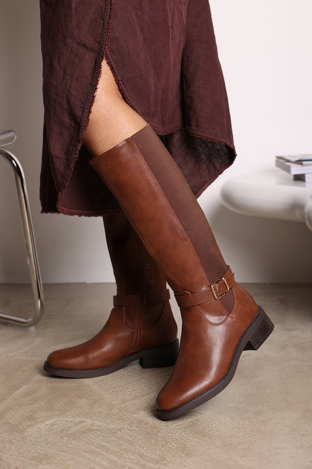 Miriam Wide Fit Brown Faux Leather Knee High Riding Boots With Side Buckle Strap