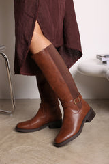 Miriam Wide Fit Brown Faux Leather Knee High Riding Boots With Side Buckle Strap