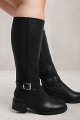 MICAH STRETCH WIDE CALF KNEE HIGH BOOTS WITH BUCKLE DETAIL IN WIDE E FIT IN BLACK FAUX LEATHER