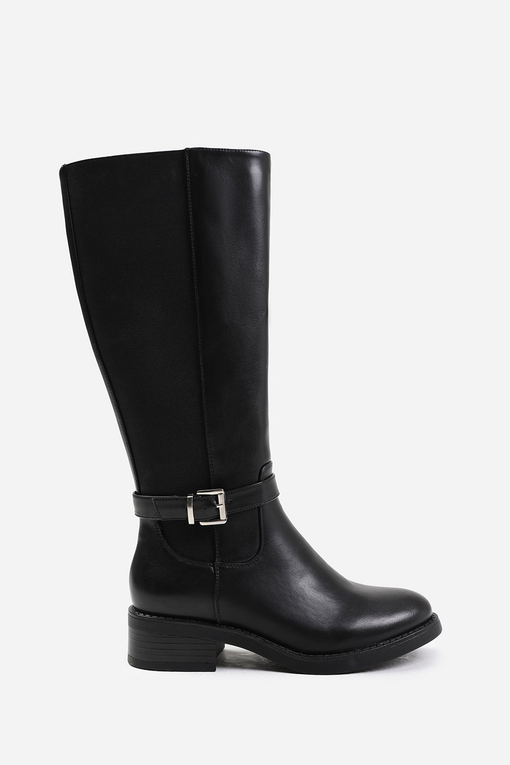 MICAH STRETCH WIDE CALF KNEE HIGH BOOTS WITH BUCKLE DETAIL IN WIDE E FIT IN BLACK FAUX LEATHER