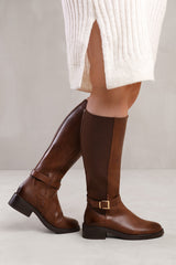 MICAH STRETCH WIDE CALF KNEE HIGH BOOTS WITH BUCKLE DETAIL IN WIDE E FIT IN BROWN FAUX LEATHER