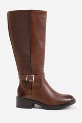 MICAH STRETCH WIDE CALF KNEE HIGH BOOTS WITH BUCKLE DETAIL IN WIDE E FIT IN BROWN FAUX LEATHER