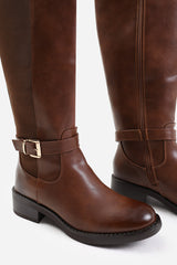 MICAH STRETCH WIDE CALF KNEE HIGH BOOTS WITH BUCKLE DETAIL IN WIDE E FIT IN BROWN FAUX LEATHER