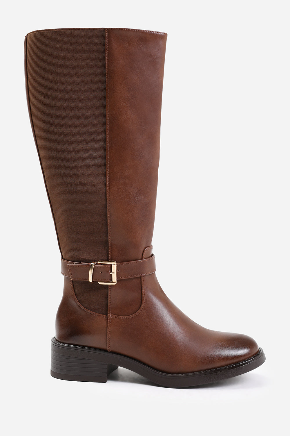 MICAH KNEE HIGH BOOTS WITH BUCKLE DETAIL IN BROWN FAUX LEATHER