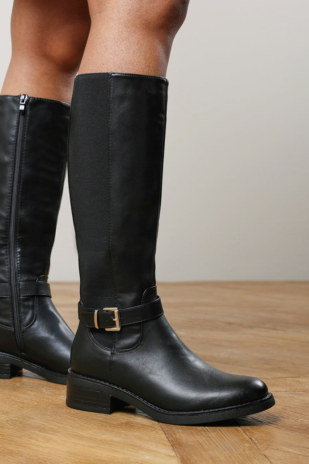 Javira Black Riding Knee High Boots with Buckle Strap