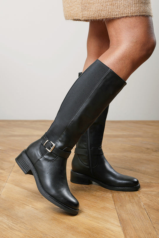 Javira Black Riding Knee High Boots with Buckle Strap