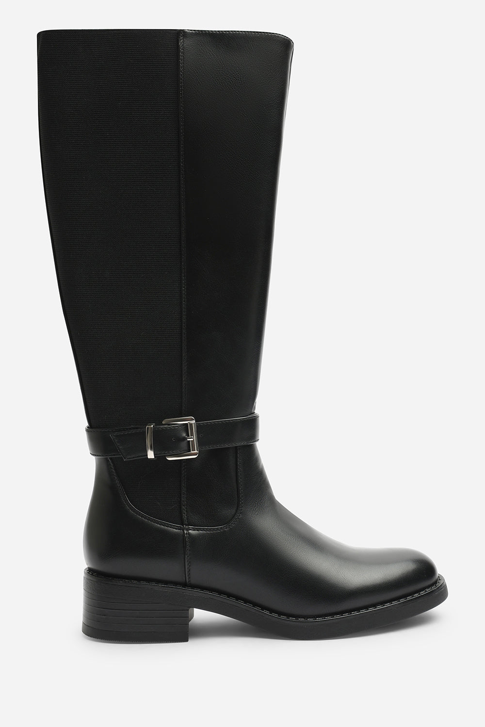 Javira Black Riding Knee High Boots with Buckle Strap