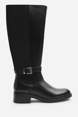 Javira Black Riding Knee High Boots with Buckle Strap