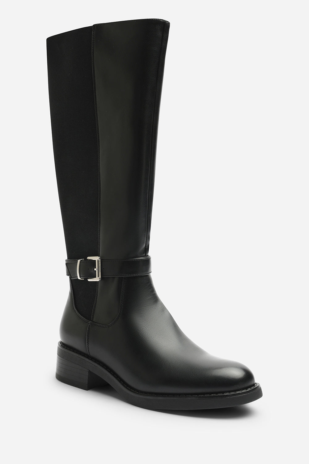 Javira Black Riding Knee High Boots with Buckle Strap