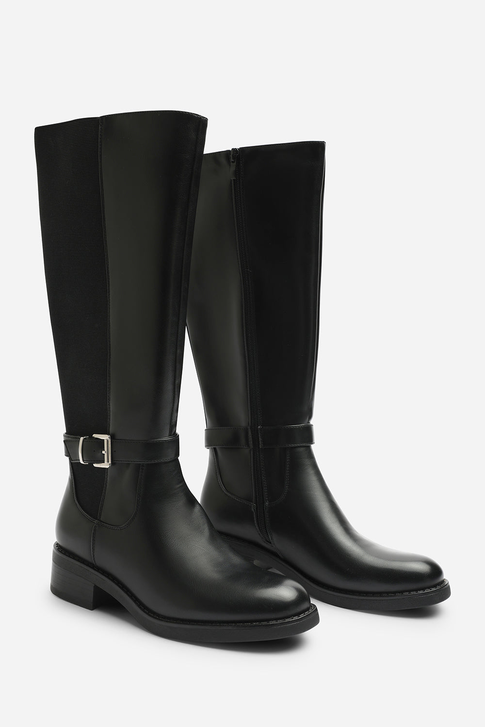 Javira Black Riding Knee High Boots with Buckle Strap