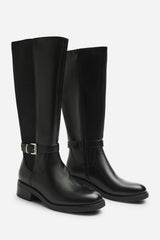 Javira Black Riding Knee High Boots with Buckle Strap