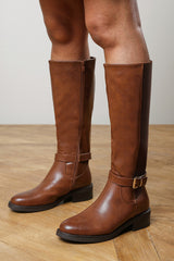 Javira Brown Riding Knee High Boots with Buckle Strap
