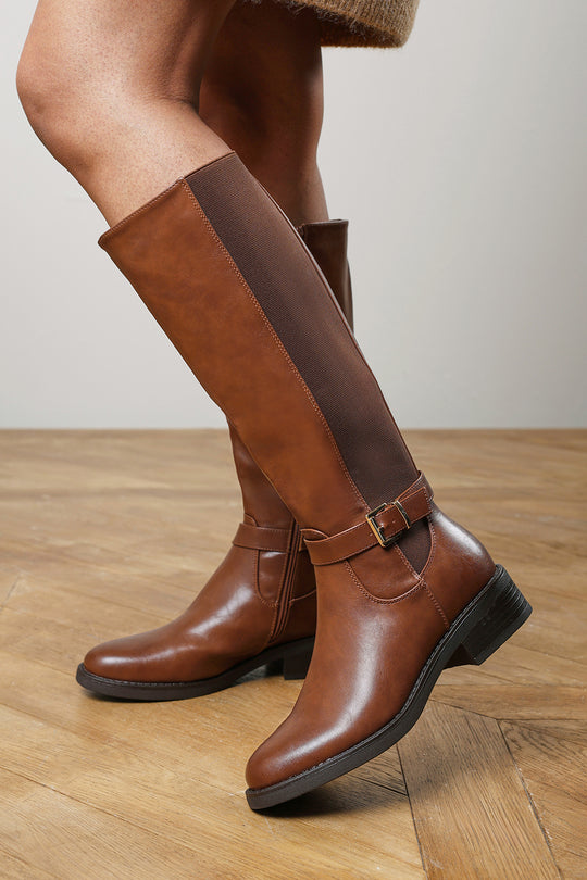 Javira Brown Riding Knee High Boots with Buckle Strap