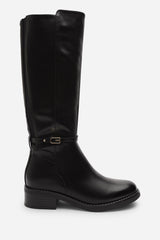 Cressida Knee High Low Heel Black Boots with Side Buckle Detail