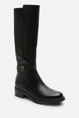 Cressida Knee High Low Heel Black Boots with Side Buckle Detail