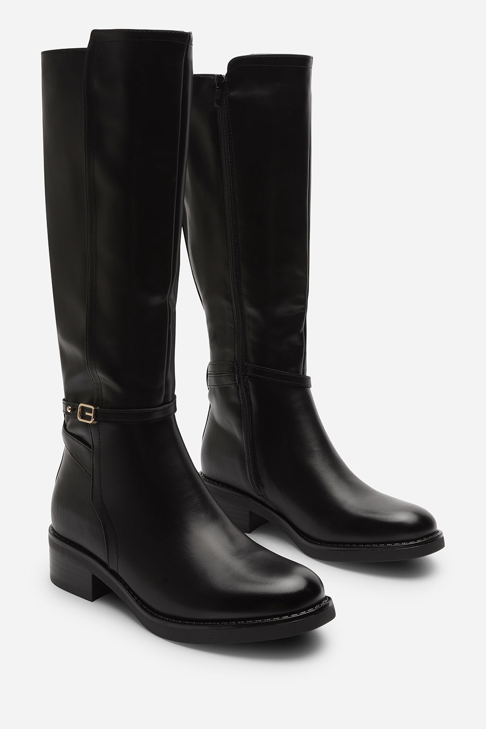 Cressida Knee High Low Heel Black Boots with Side Buckle Detail