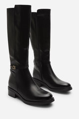 Cressida Knee High Low Heel Black Boots with Side Buckle Detail