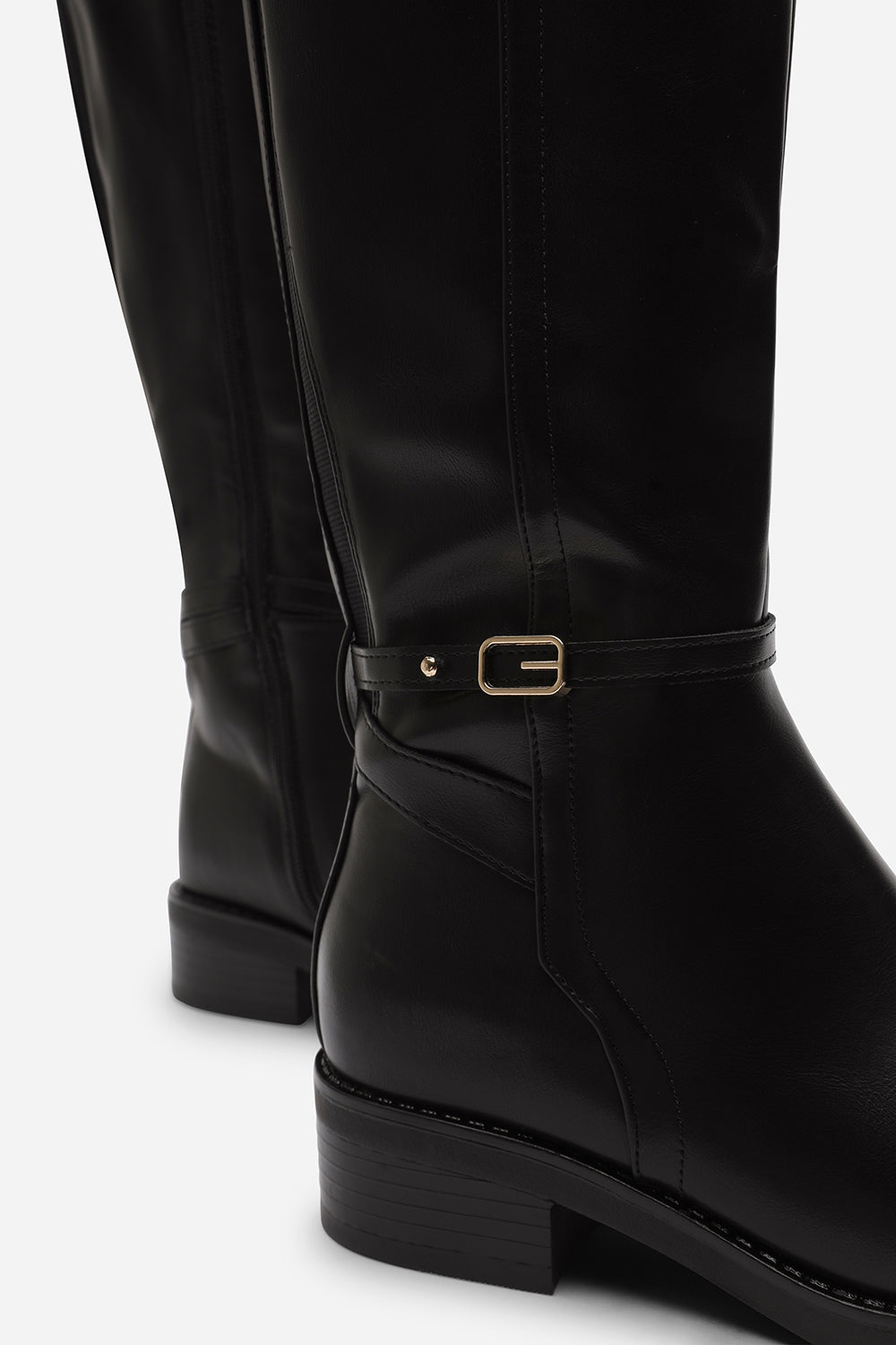 Cressida Knee High Low Heel Black Boots with Side Buckle Detail