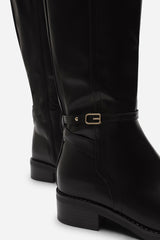 Cressida Knee High Low Heel Black Boots with Side Buckle Detail