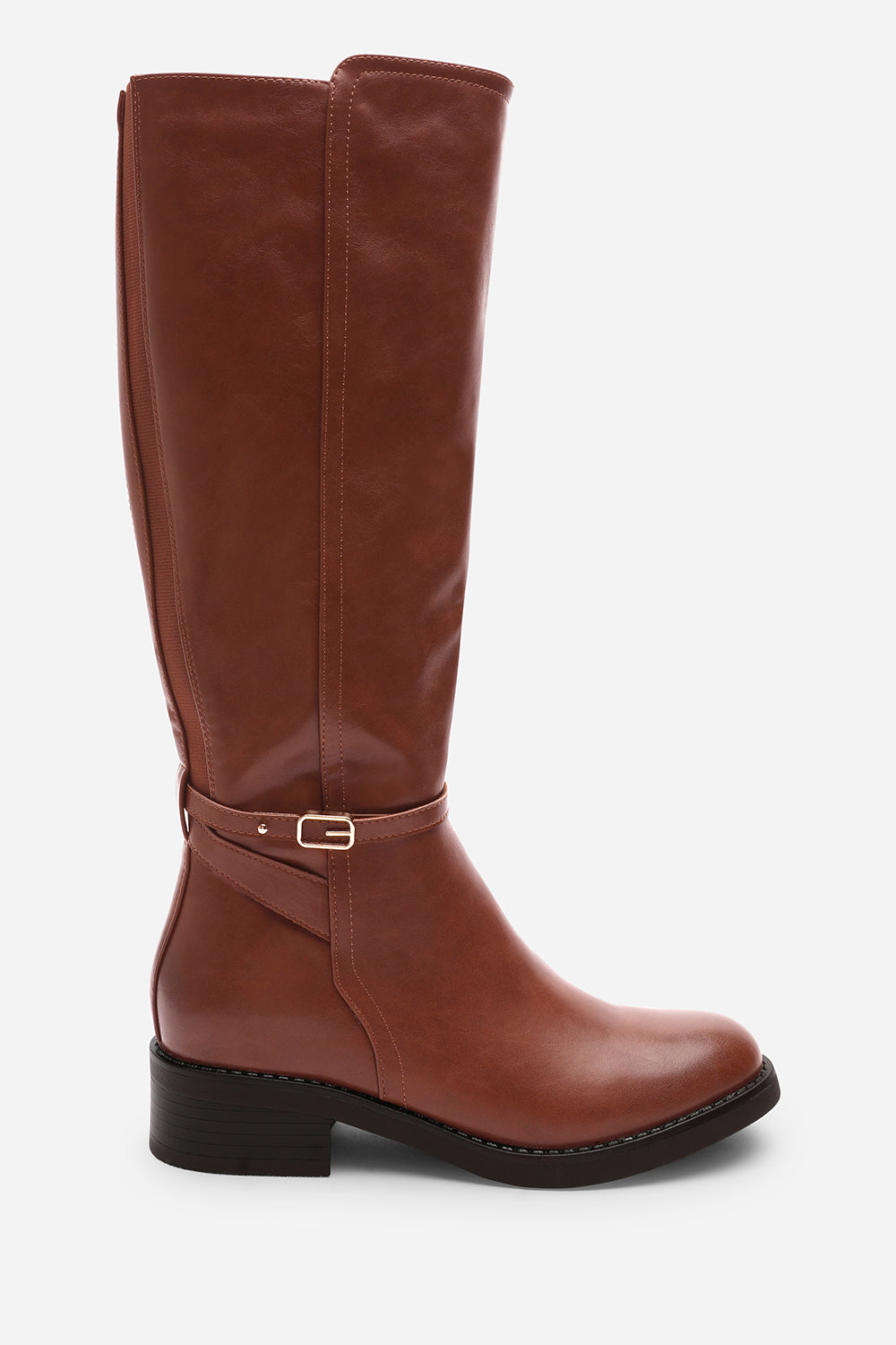 Cressida Knee High Low Heel Brown Boots with Side Buckle Detail