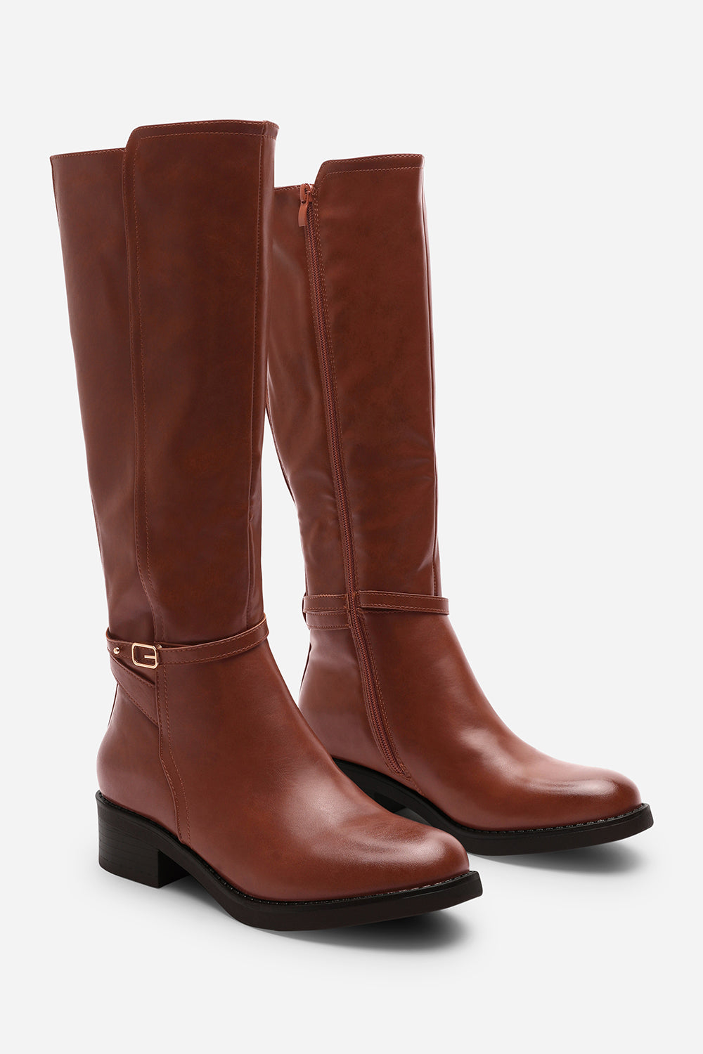 Cressida Knee High Low Heel Brown Boots with Side Buckle Detail