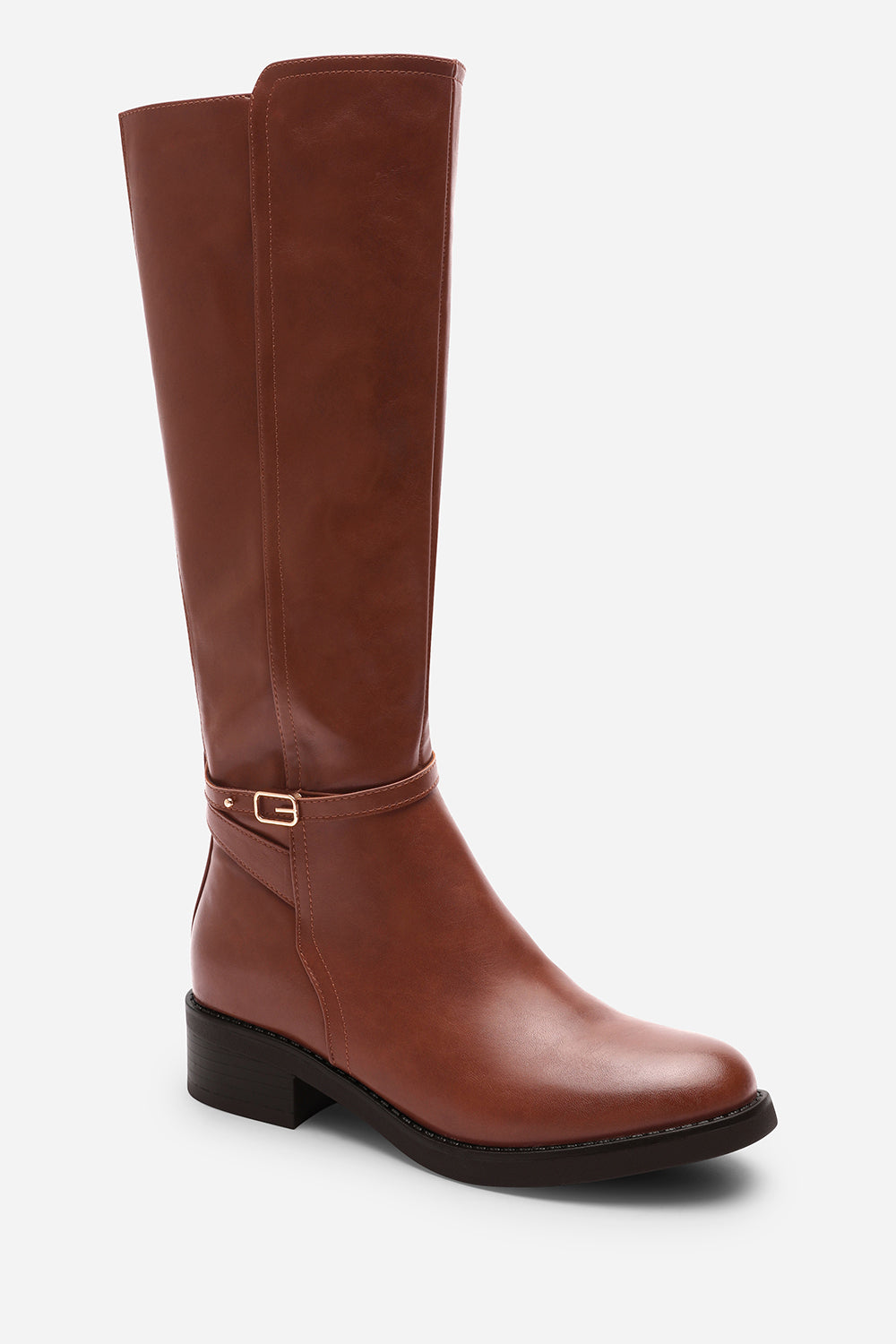 Cressida Knee High Low Heel Brown Boots with Side Buckle Detail