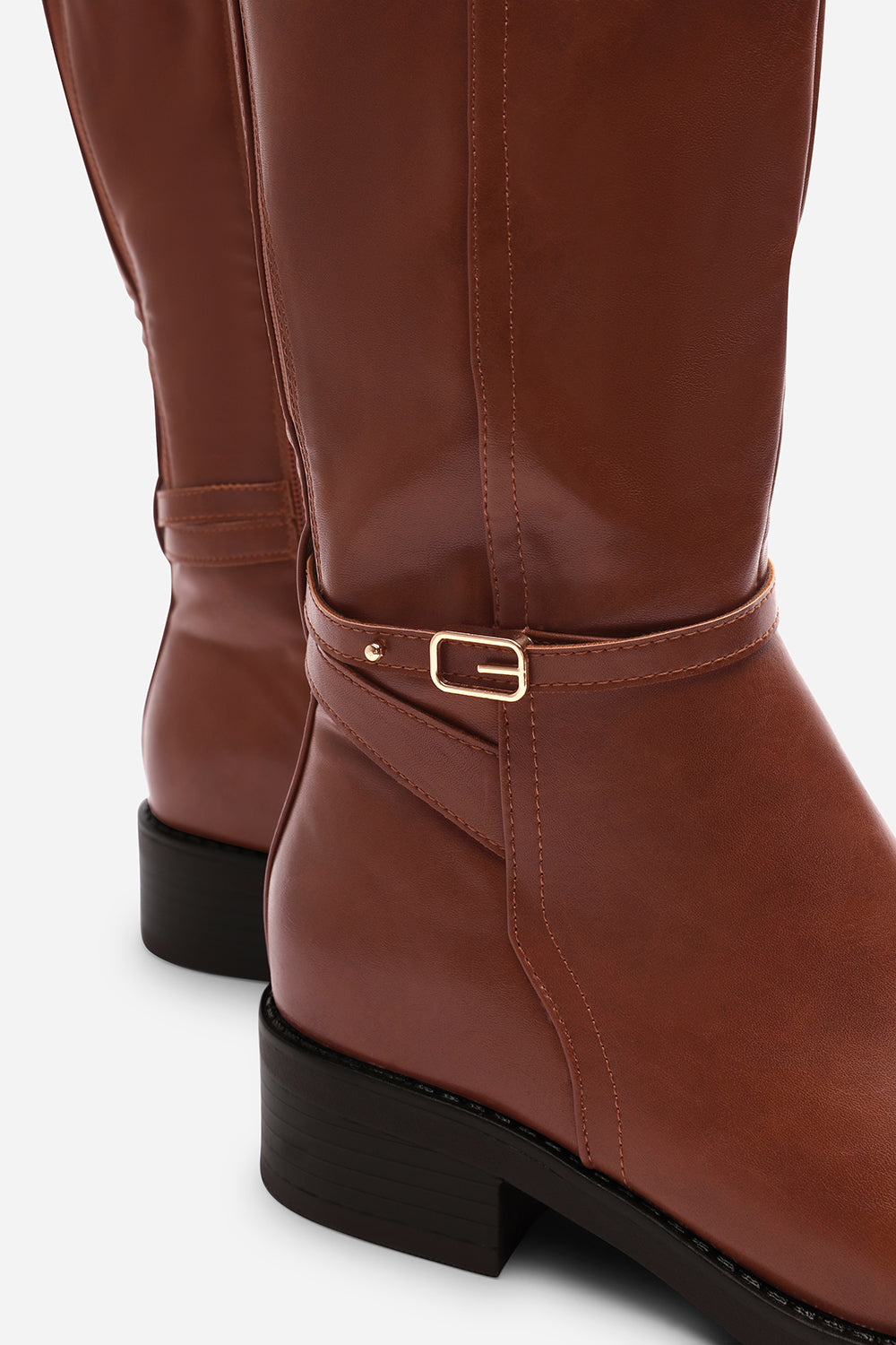 Cressida Knee High Low Heel Brown Boots with Side Buckle Detail