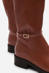 Cressida Knee High Low Heel Brown Boots with Side Buckle Detail