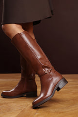 Cressida Knee High Low Heel Brown Boots with Side Buckle Detail