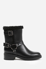 WYNTER WIDE FIT ANKLE BOOT WITH BUCKLE DETAILING IN BLACK FAUX LEATHER