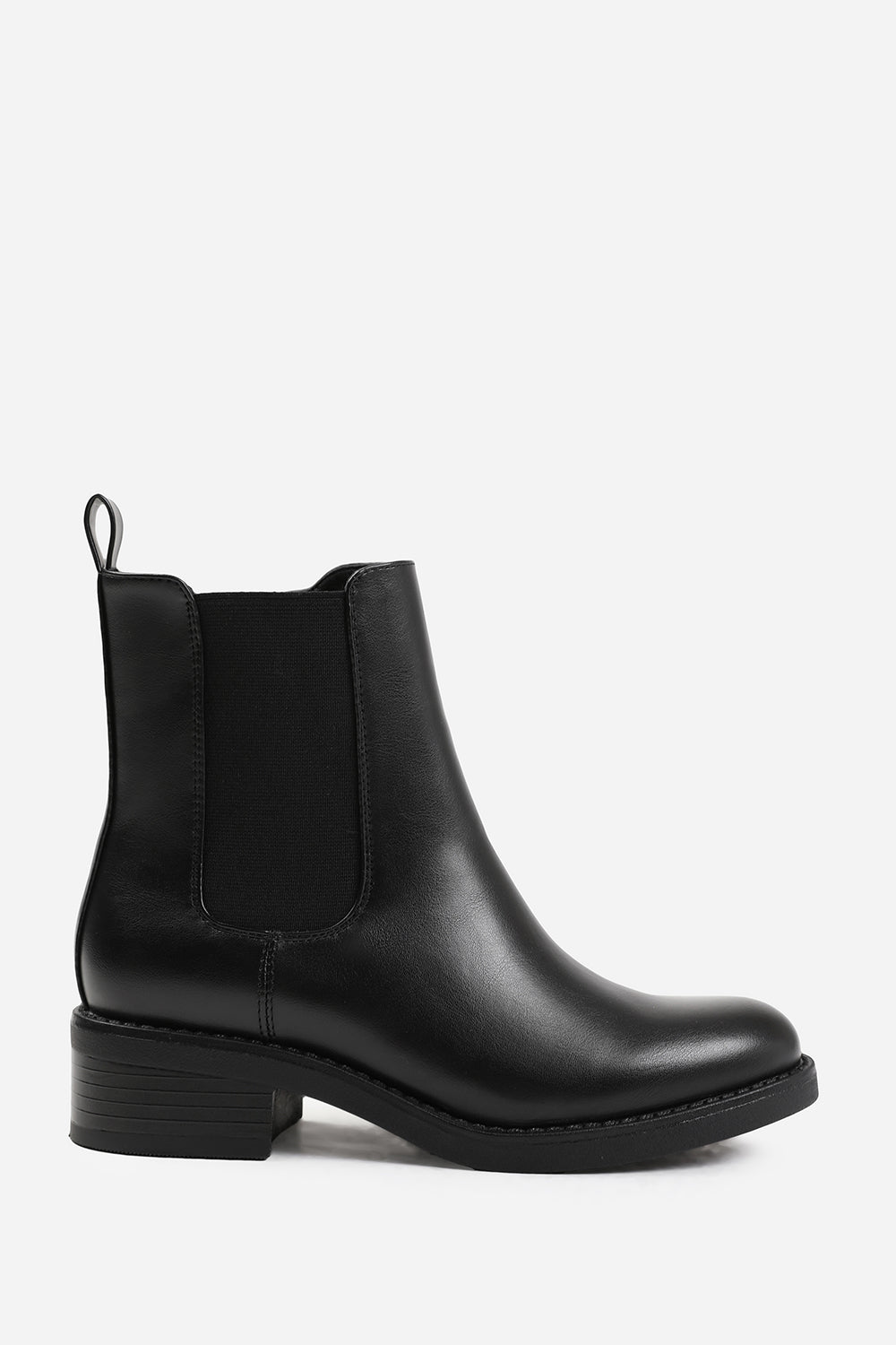 OLIVIA ANKLE BOOT WITH ELASTIC PANEL AND SIDE ZIP IN BLACK FAUX LEATHER