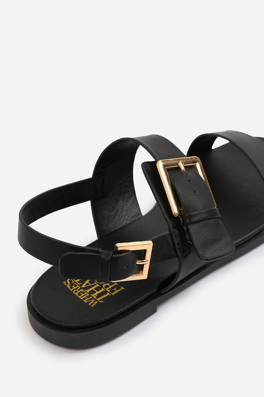 CAMILLA CLASSIC FLAT SANDALS WITH STRAP AND BUCKLE DETAIL IN BLACK FAUX LEATHER