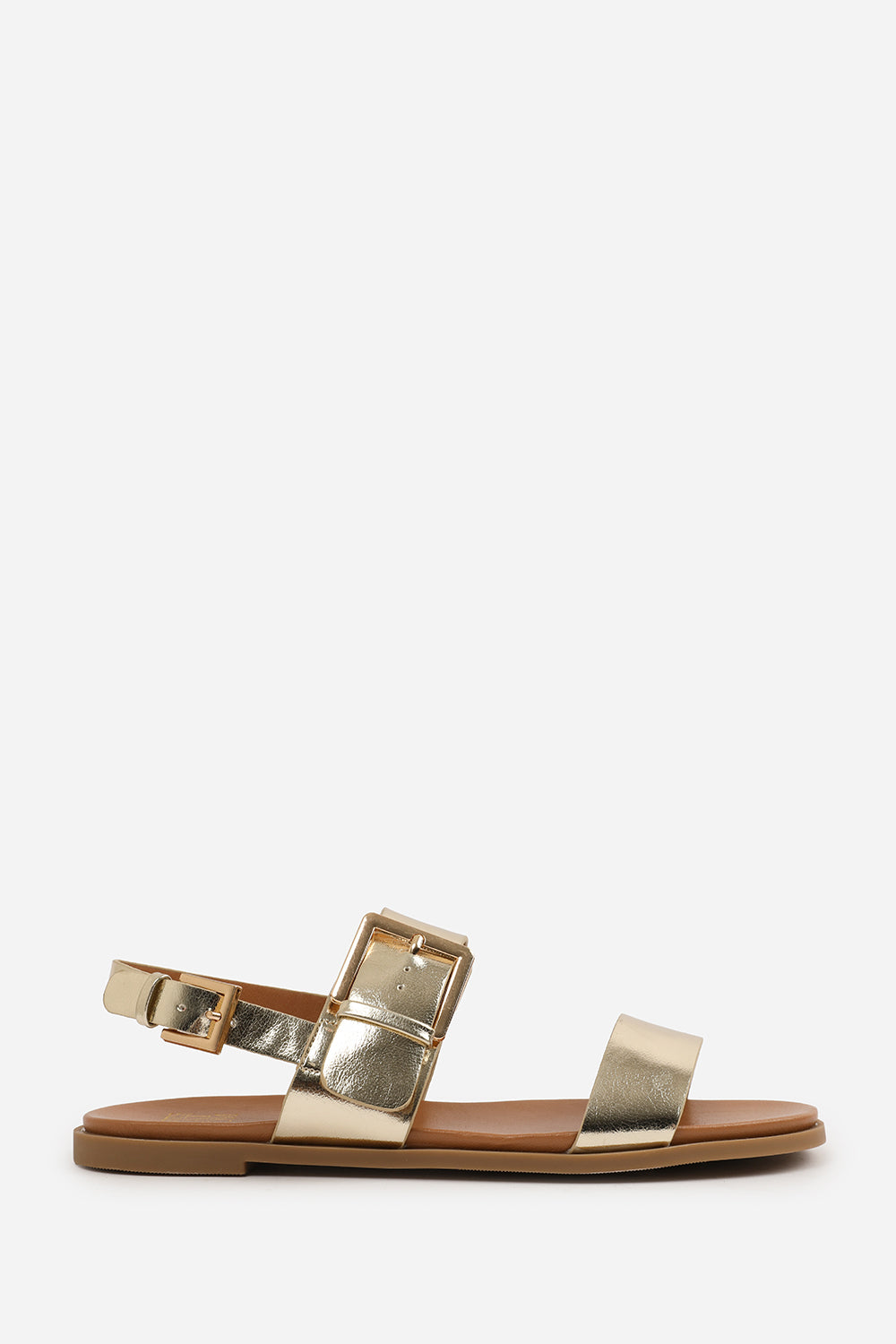 CAMILLA CLASSIC FLAT SANDALS WITH STRAP AND BUCKLE DETAIL IN GOLD METALLIC  FAUX LEATHER