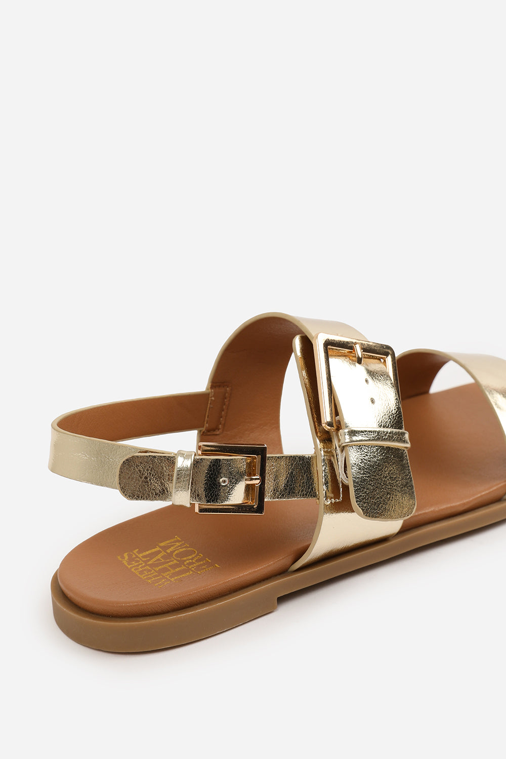 CAMILLA CLASSIC FLAT SANDALS WITH STRAP AND BUCKLE DETAIL IN GOLD METALLIC  FAUX LEATHER