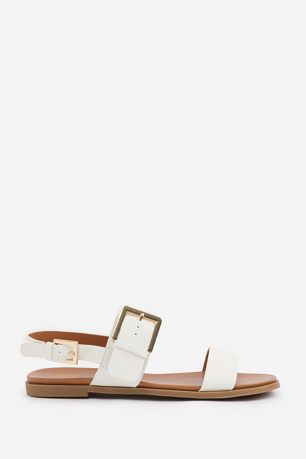 CAMILLA CLASSIC FLAT SANDALS WITH STRAP AND BUCKLE DETAIL IN WHITE FAUX LEATHER