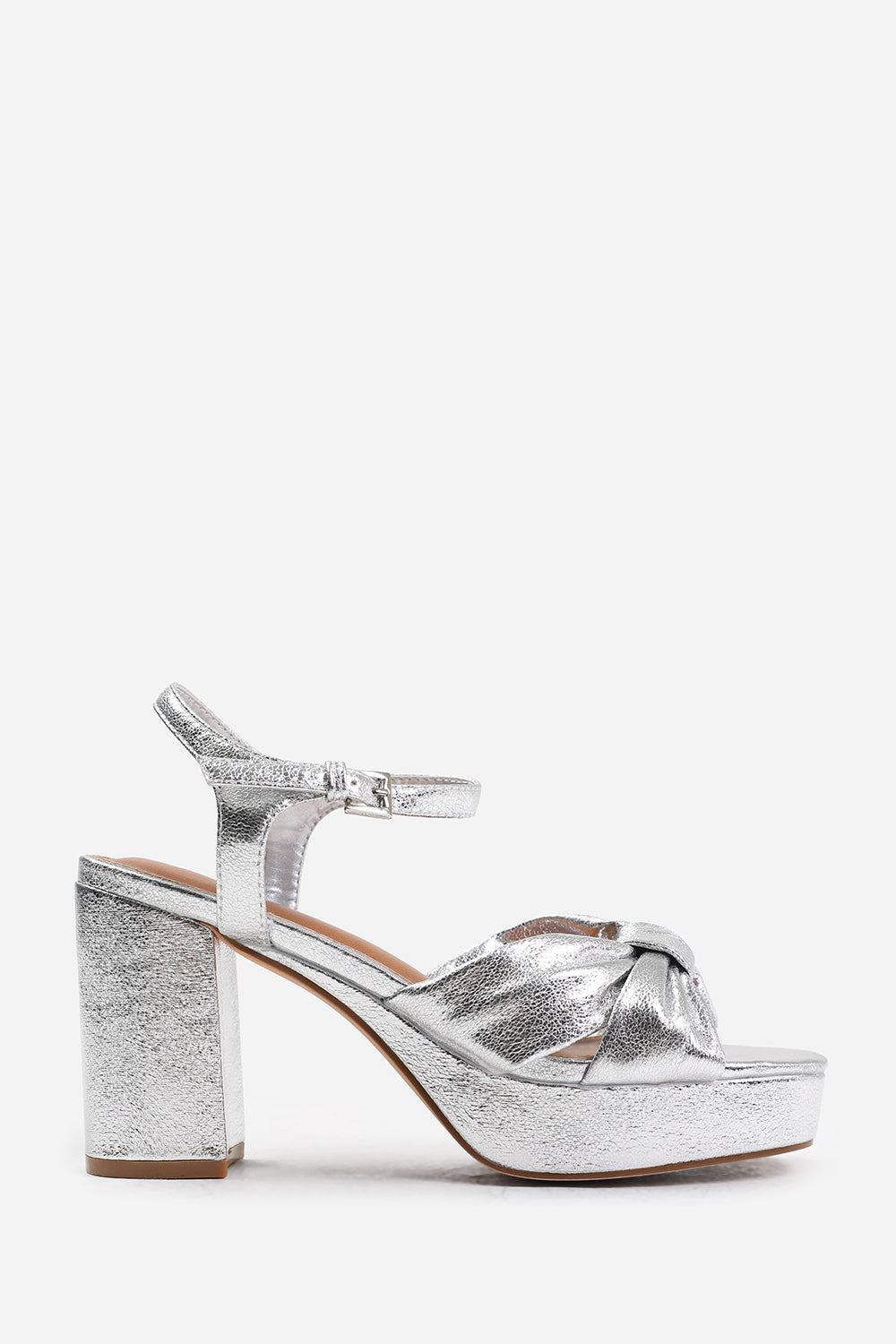 TALIA WIDE FIT MID BLOCK HEEL WITH PLAFTORM AND BOW DETAILING IN SILVER FAUX LEATHER